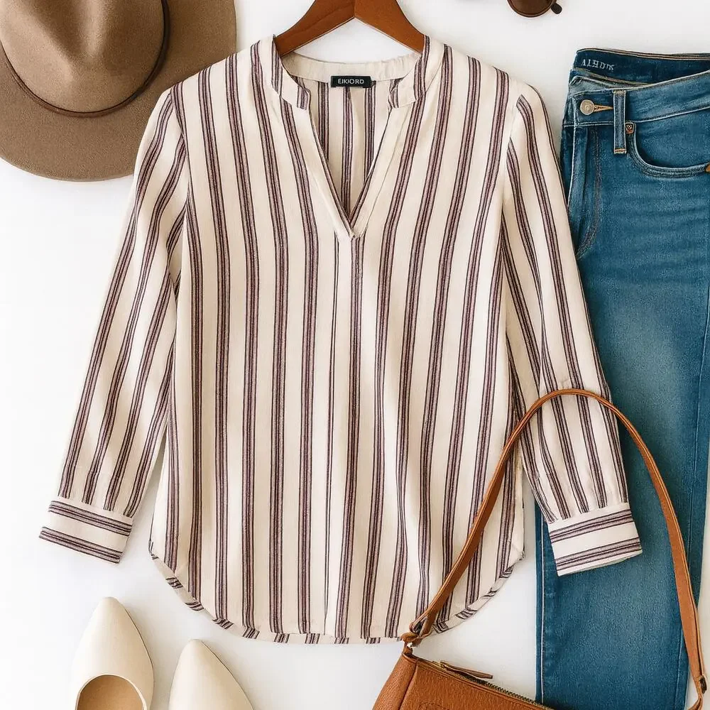 J.Crew Striped Popover Blouse 12 Split Neck Tunic Red Blue Cotton Shirt